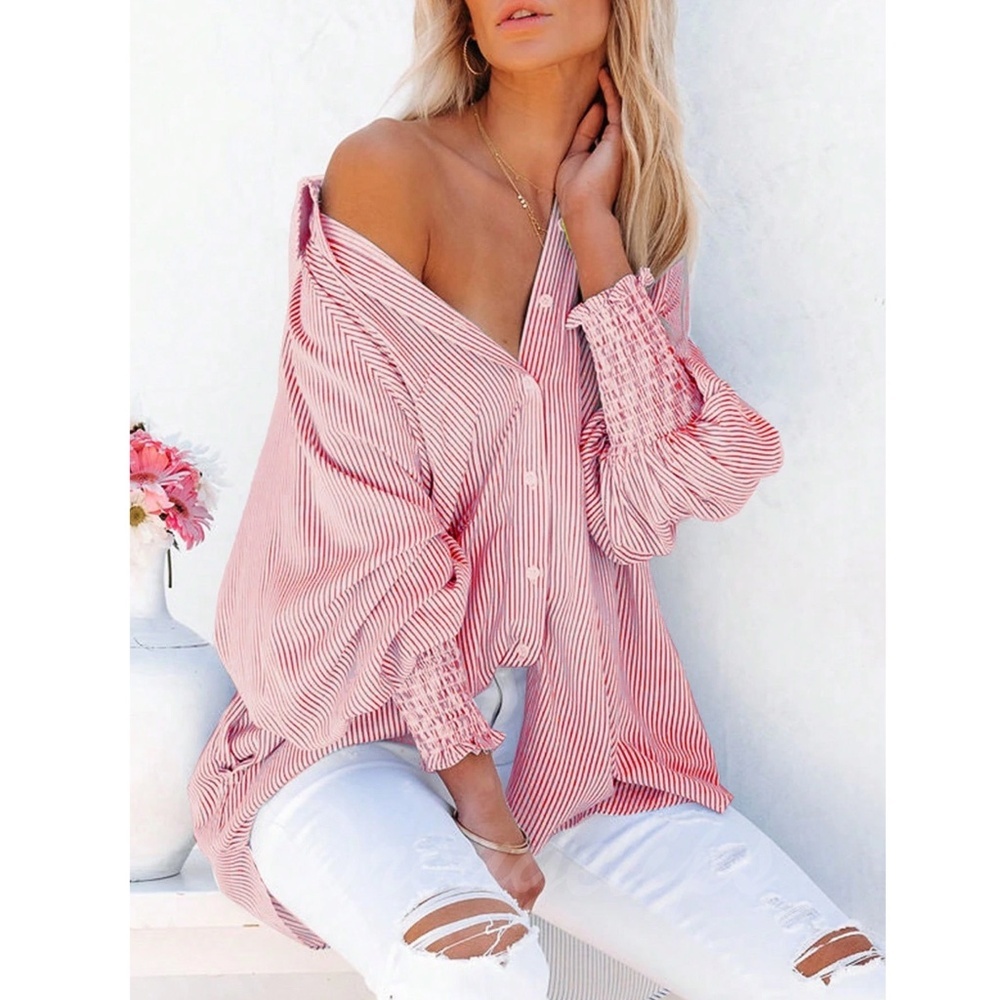 Striped White Red Loose Fitting Button Up Shirt Long Sleeve
